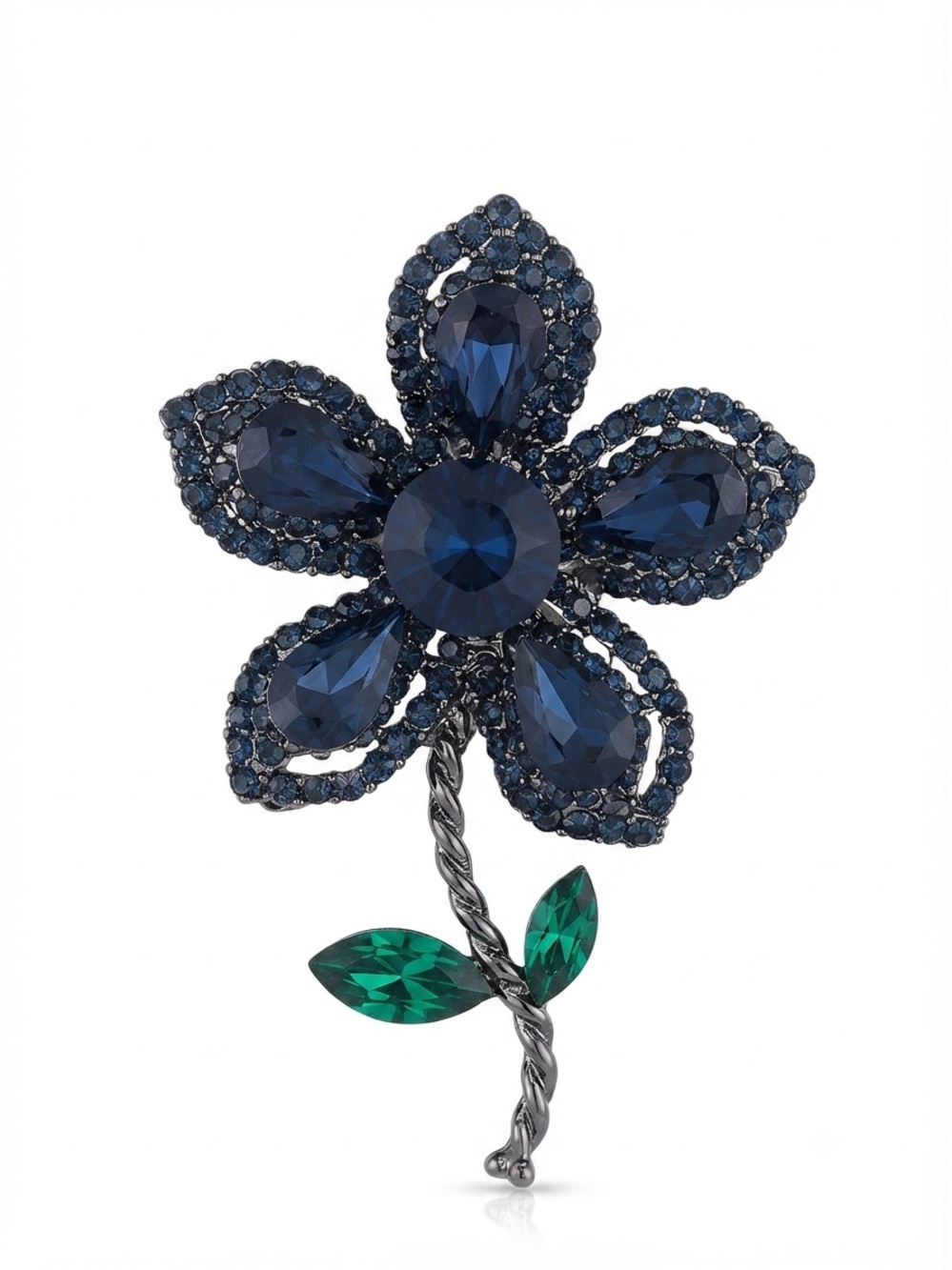 Navy and Emerald Crystal Flower Brooch - Sparkling Floral Pin